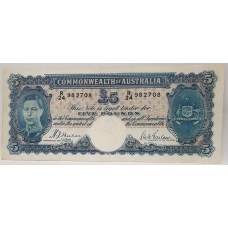 AUSTRALIA 1939 . FIVE 5 POUNDS BANKNOTE . SHEEHAN / MacFARLANE